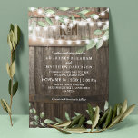 Rustic Country Wedding | Greenery String Lights Kaart<br><div class="desc">Greenery vineyard bruiloft-uitnodigingen met een landschuur donkere eekhoorn-achtergrond,  rimpelsnaarverlichting,  populaire waterverf groene loof,  je monogram en een moderne bruiloft sjabloon. Zoek andere uitnodigingen voor het bruiloft van hout op http://www.zazzle.com/special_stationery</div>