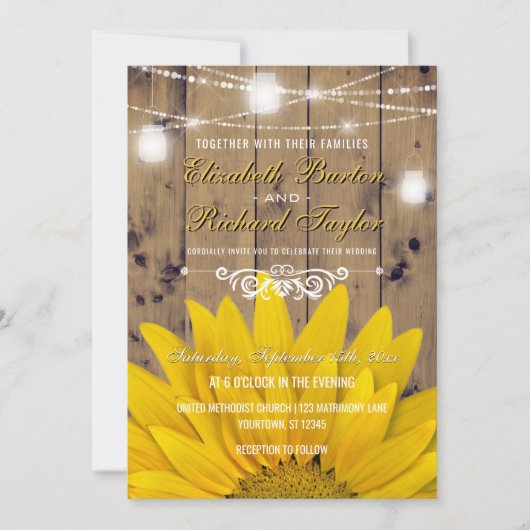 Rustic Country Wedding Mason Jar Lights Sunflower Kaart (Voorkant)