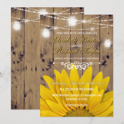 Rustic Country Wedding Mason Jar Lights Sunflower Kaart (Voorkant / Achterkant)
