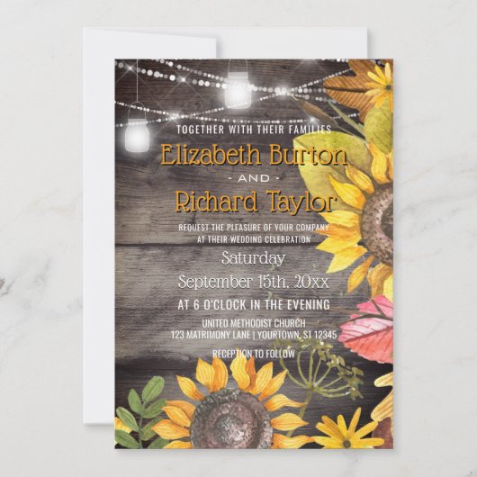 Rustic Country Wedding Mason Jar Lights Sunflower Kaart (Voorkant)