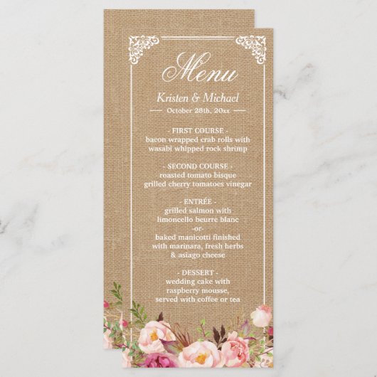 Rustic Country Wedding Menu  Burlap Floral (Voorkant / Achterkant)