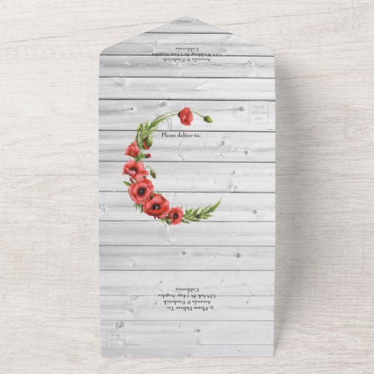 Rustic country Wedding Red Poppy All In One Uitnodiging (Buitenkant)