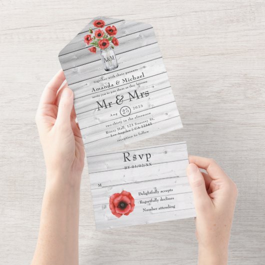 Rustic country Wedding Red Poppy All In One Uitnodiging (Afscheurbaar)