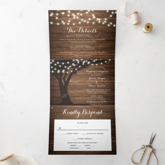 Rustic Country Wedding Tri-Fold Invitations RSVP Drieluik Uitnodiging (Binnen)