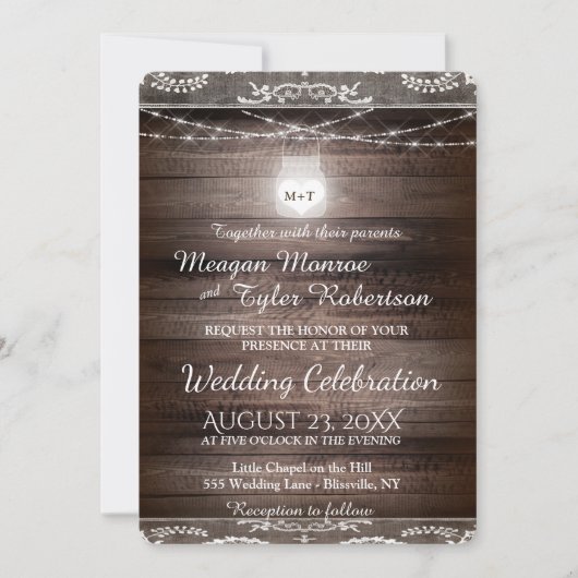 Rustic Country Wedding w/ Lace & Mason Jar Kaart (Voorkant)