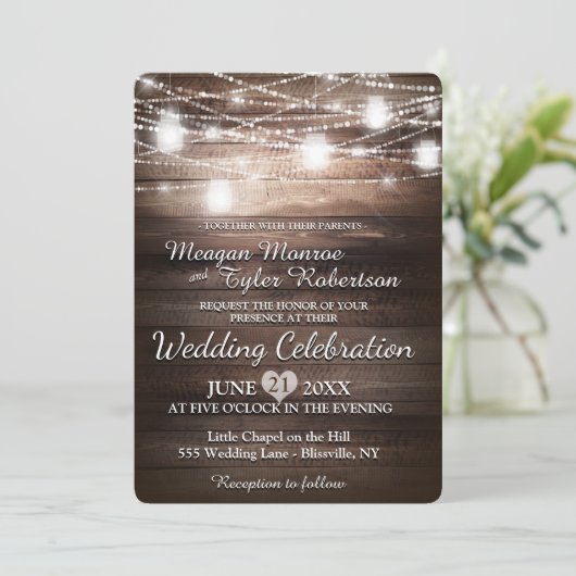 Rustic Country Wedding w/ String Lights Kaart (Staand voorkant)
