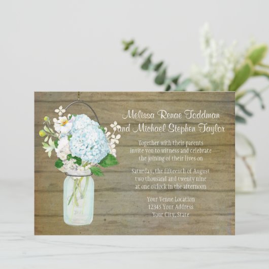 Rustic Country Weddings Mason Jar Blue Hydrangeas Kaart (Staand voorkant)