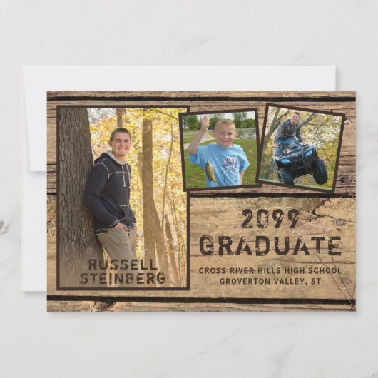 Rustic Country Wood 4-Photo Afstuderen Aankondiging (Voorkant)