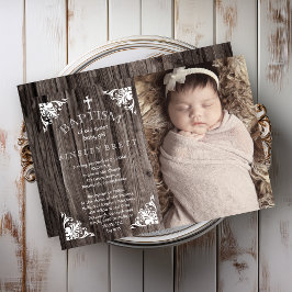 Rustic Country Wood Baby Girl Foto Baptisme Kaart