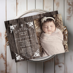 Rustic Country Wood Baby Girl Foto Baptisme Kaart