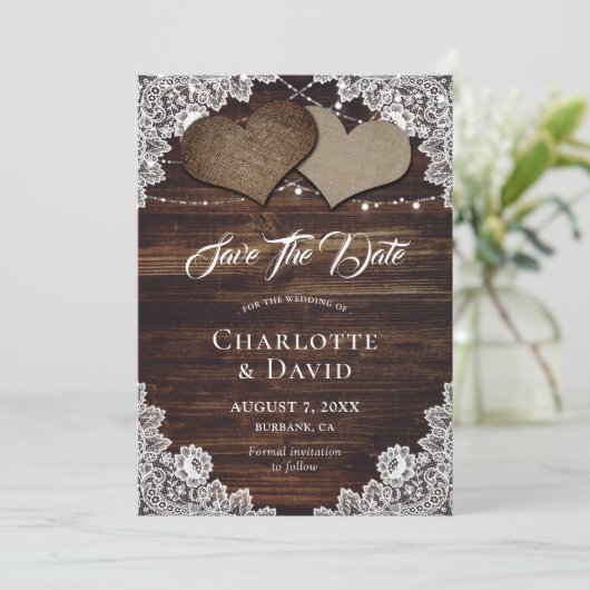 Rustic Country Wood Burlap Wedding Save The Date (Staand voorkant)