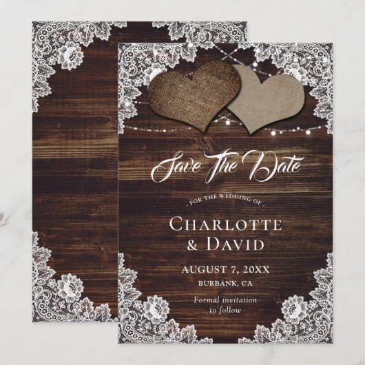 Rustic Country Wood Burlap Wedding Save The Date (Voorkant / Achterkant)