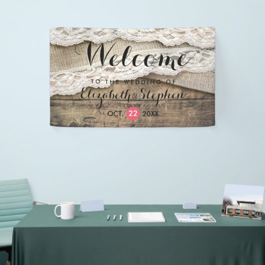 Rustic Country Wood Burlap Wedding Welkom Spandoek (Beurs)