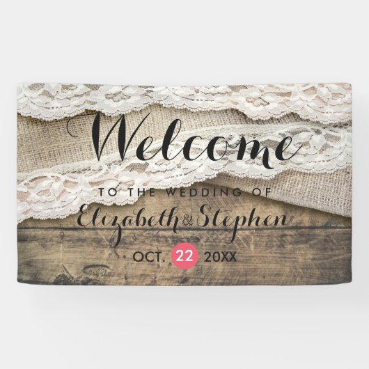 Rustic Country Wood Burlap Wedding Welkom Spandoek (Horizontaal)