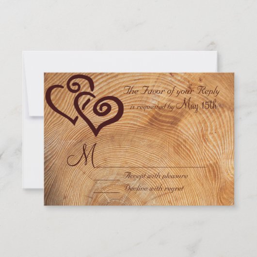 Rustic Country Wood Double Hearts Wedding RSVP Kaartje (Voorkant)