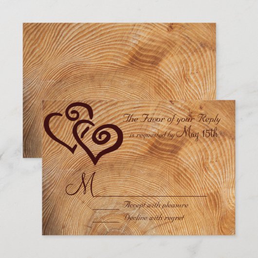 Rustic Country Wood Double Hearts Wedding RSVP Kaartje (Voorkant / Achterkant)