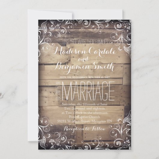 Rustic Country Wood Flourish Wedding Invitations Kaart (Voorkant)
