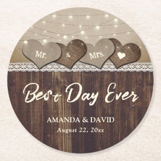 Rustic Country Wood Heart Burlap en Lace Wedding Ronde Kartonnen Onderzetter
