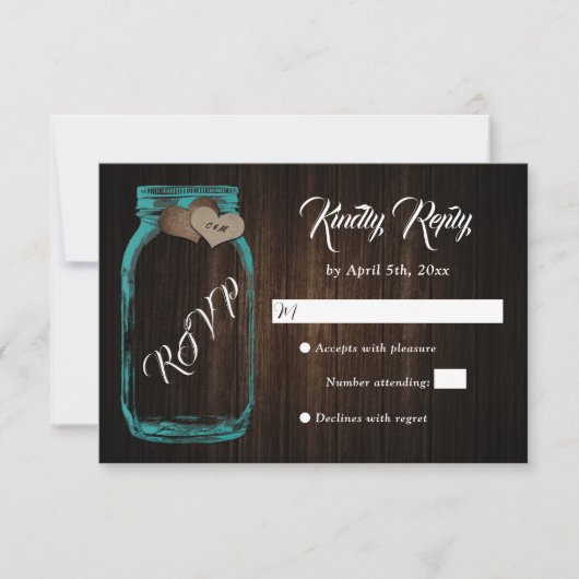 Rustic Country Wood Heart Mason Jar Wedding RSVP (Voorkant)