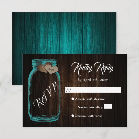 Rustic Country Wood Heart Mason Jar Wedding RSVP (Voorkant / Achterkant)