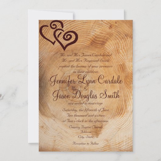 Rustic Country Wood Hearts Wedding Invitation Kaart (Voorkant)