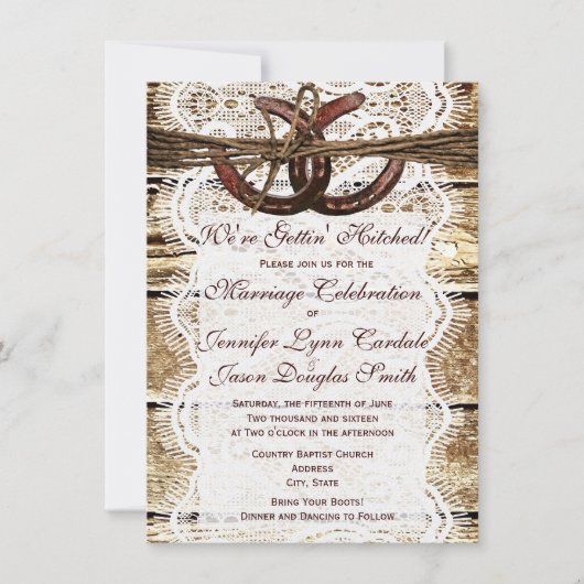 Rustic Country Wood Hoefijzer Wedding Invitations Kaart (Voorkant)