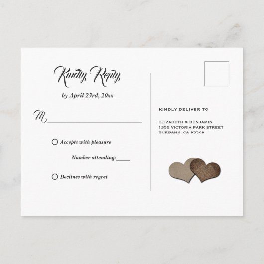 Rustic Country Wood Lace Burlap Heart Wedding RSVP Uitnodiging Briefkaart (Achterkant)