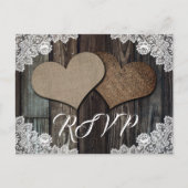 Rustic Country Wood Lace Burlap Heart Wedding RSVP Uitnodiging Briefkaart (Voorkant)