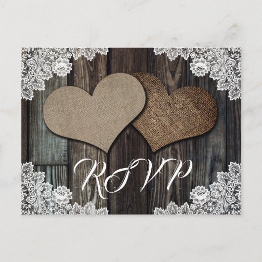 Rustic Country Wood Lace Burlap Heart Wedding RSVP Uitnodiging Briefkaart (Voorkant)