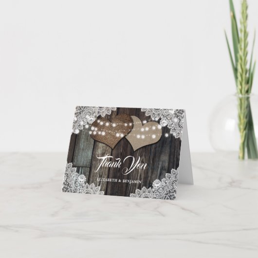 Rustic Country Wood Lace Burlap Hearts Wedding Bedankkaart (Voorkant)