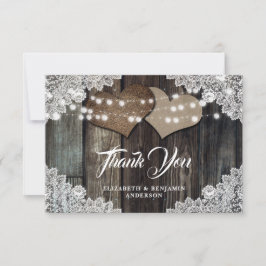 Rustic Country Wood Lace Burlap Hearts Wedding Bedankkaart