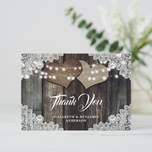 Rustic Country Wood Lace Burlap Hearts Wedding Bedankkaart (Staand voorkant)