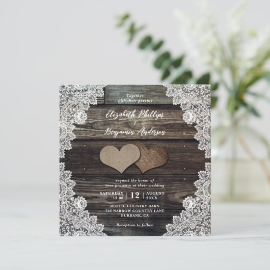 Rustic Country Wood Lace Burlap Hearts Wedding Kaart (Staand voorkant)