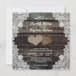 Rustic Country Wood Lace Burlap Hearts Wedding Kaart