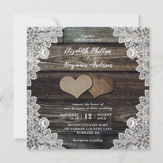 Rustic Country Wood Lace Burlap Hearts Wedding Kaart (Voorkant)