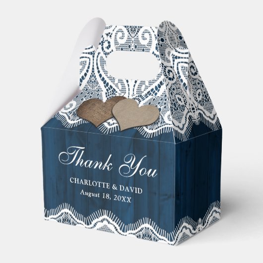 Rustic Country Wood Lace Navy Blue Wedding Bedankdoosjes (Voorkant Zijde)