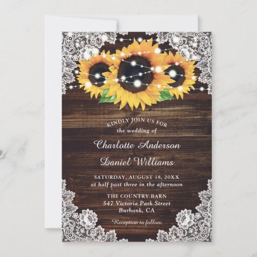 Rustic Country Wood Lace Sunflower Wedding Kaart (Voorkant)