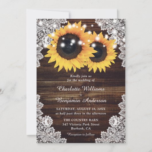 Rustic Country Wood Lace Sunflower Wedding Kaart (Voorkant)