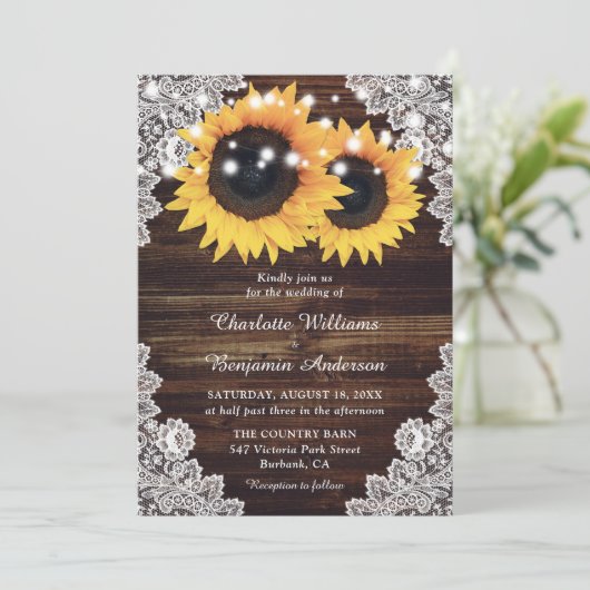 Rustic Country Wood Lace Sunflower Wedding Kaart (Staand voorkant)