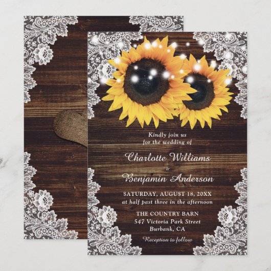 Rustic Country Wood Lace Sunflower Wedding Kaart (Voorkant / Achterkant)