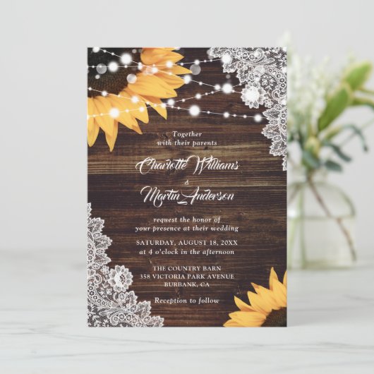 Rustic Country Wood Lace Sunflower Wedding Kaart (Staand voorkant)