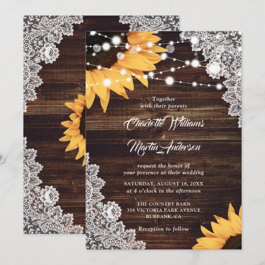 Rustic Country Wood Lace Sunflower Wedding Kaart (Voorkant / Achterkant)