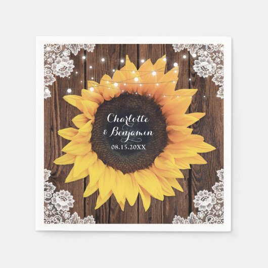 Rustic Country Wood Lace Sunflower Wedding Napkins Servet (Voorkant)
