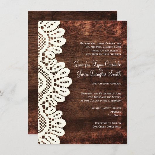 Rustic Country Wood Lace Wedding Invitations Kaart (Voorkant / Achterkant)
