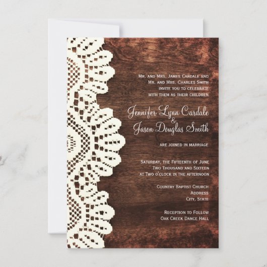 Rustic Country Wood Lace Wedding Invitations Kaart (Voorkant)