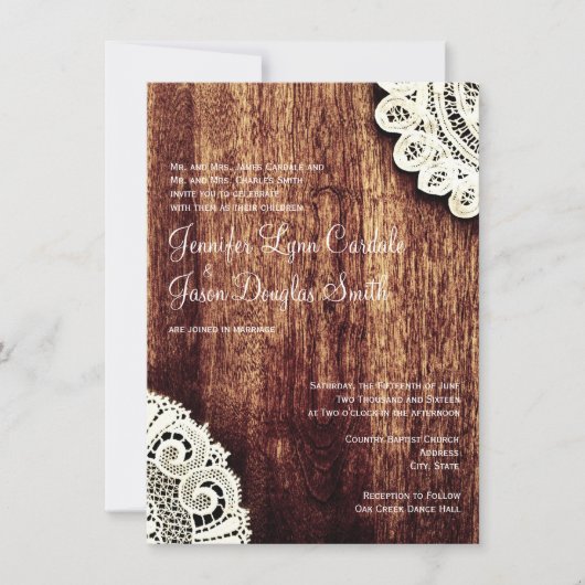 Rustic Country Wood Lace Wedding Invitations Kaart (Voorkant)