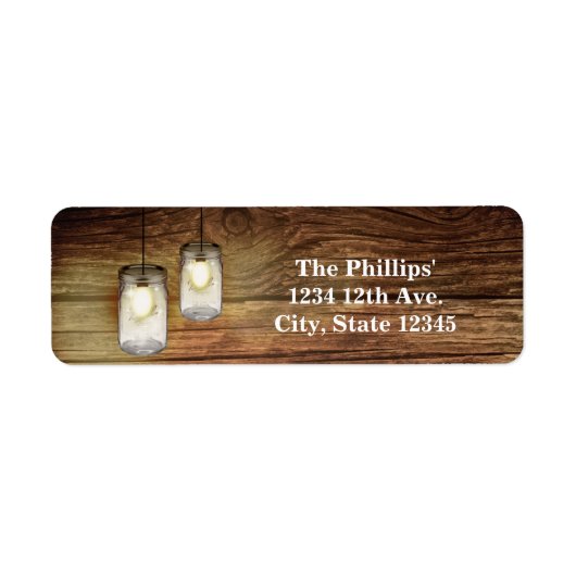 Rustic Country Wood & Lighted Mason Jars Wedding Etiket (Voorkant)