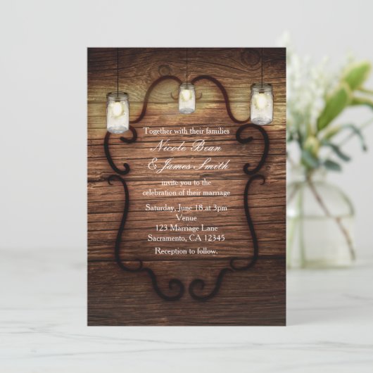 Rustic Country Wood & Lighted Mason Jars Wedding Kaart (Staand voorkant)