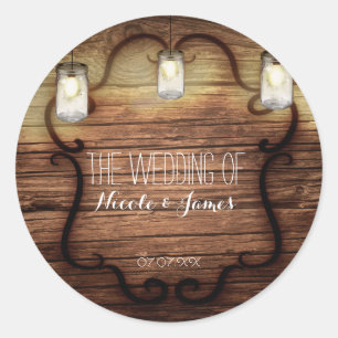 Rustic Country Wood & Lighted Mason Jars Wedding Ronde Sticker