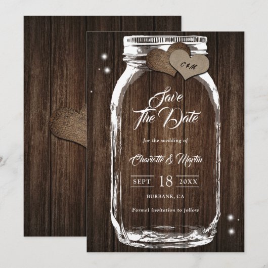 Rustic Country Wood Mason Jar Wedding Save The Date (Voorkant / Achterkant)